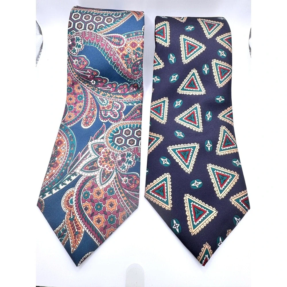 2 Italian All Silk Hand Made Neckties‎ Menswear Geometric & Paisley Pattern Ties